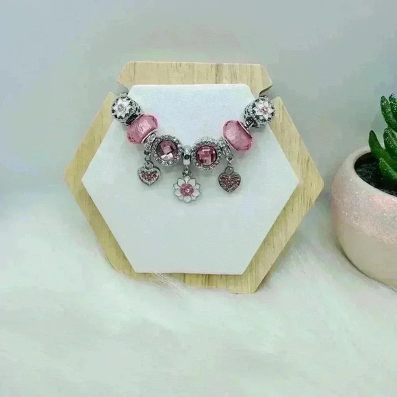Pink Flower Pendant Charm Bracelet - Picture 1 of 5